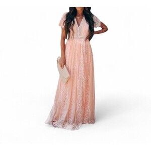 Pretty Garden Floral Lace Maxi Dress Womens Large Short Sleeve Lined V-Neck Pink